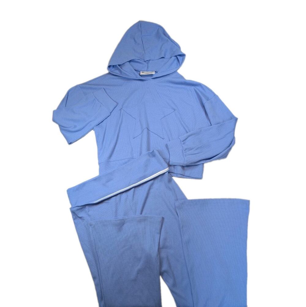 No Boundaries Women's L Blue Waffle Knit Star Cropped Hoodie Flare Pants Set